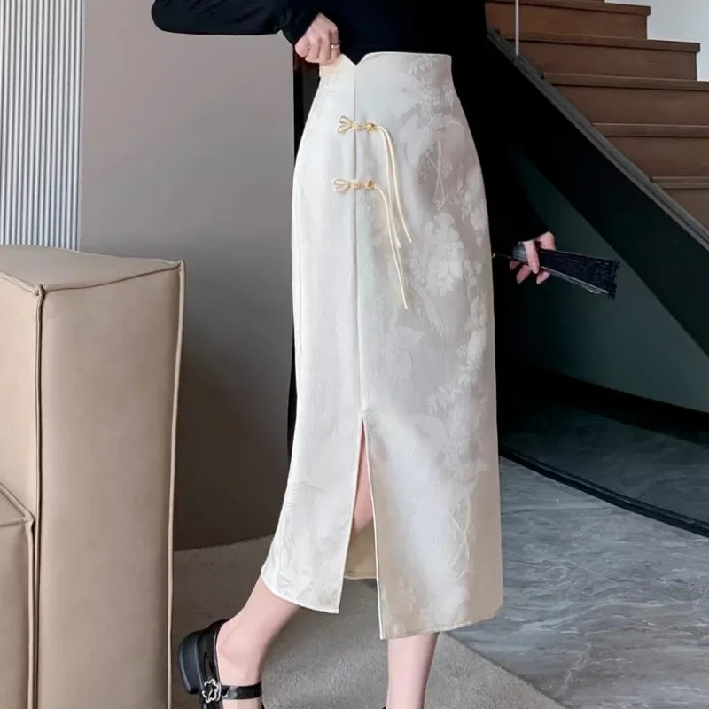 Chinese Style Skirts for Women Printed Casual Streetwear Elegant Female Spring Summer Chic Solid High Waist Simple New Trendy