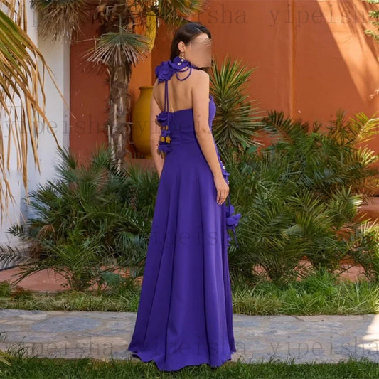 Customized Strapless Evening Dresses Modern Backless Flowers Appliques Draped A-Line Prom Gown rhinestone Beading Party Dress
