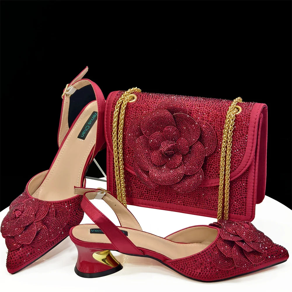 Fashion Ladies Evening Shoes And Bags Paired With Handmade Petal Wine Color Pointed Toe Mid-Heel Nigerian Women Party Shoes