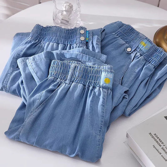 Women's Ice Silk Denim Pants Yoga Sports Thin Loose Style Summer Casual Wide Leg Harajuku Loose Waist