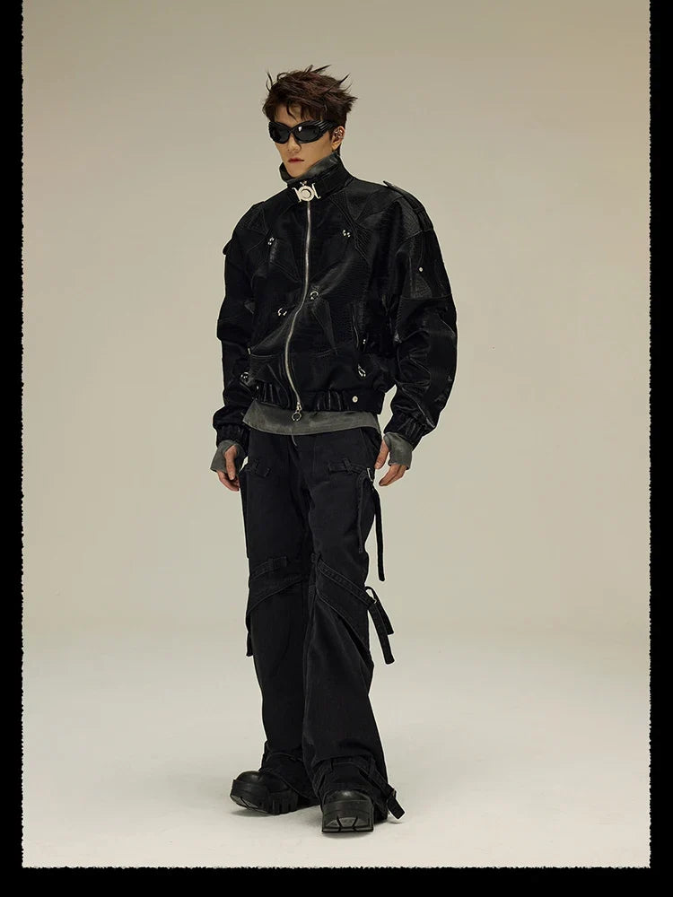 Spring Autumn Cool Short Shiny Black Crocodile Print Pu Leather Jacket Men Luxury Designer Y2K Streetwear Clothes