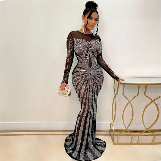 Luxury Sparkly Crystal Rhinestone Mermaid Evening Dresses for Women Party Gown Nightclub Mesh Sheer Bodycon Maxi Dress Elegant