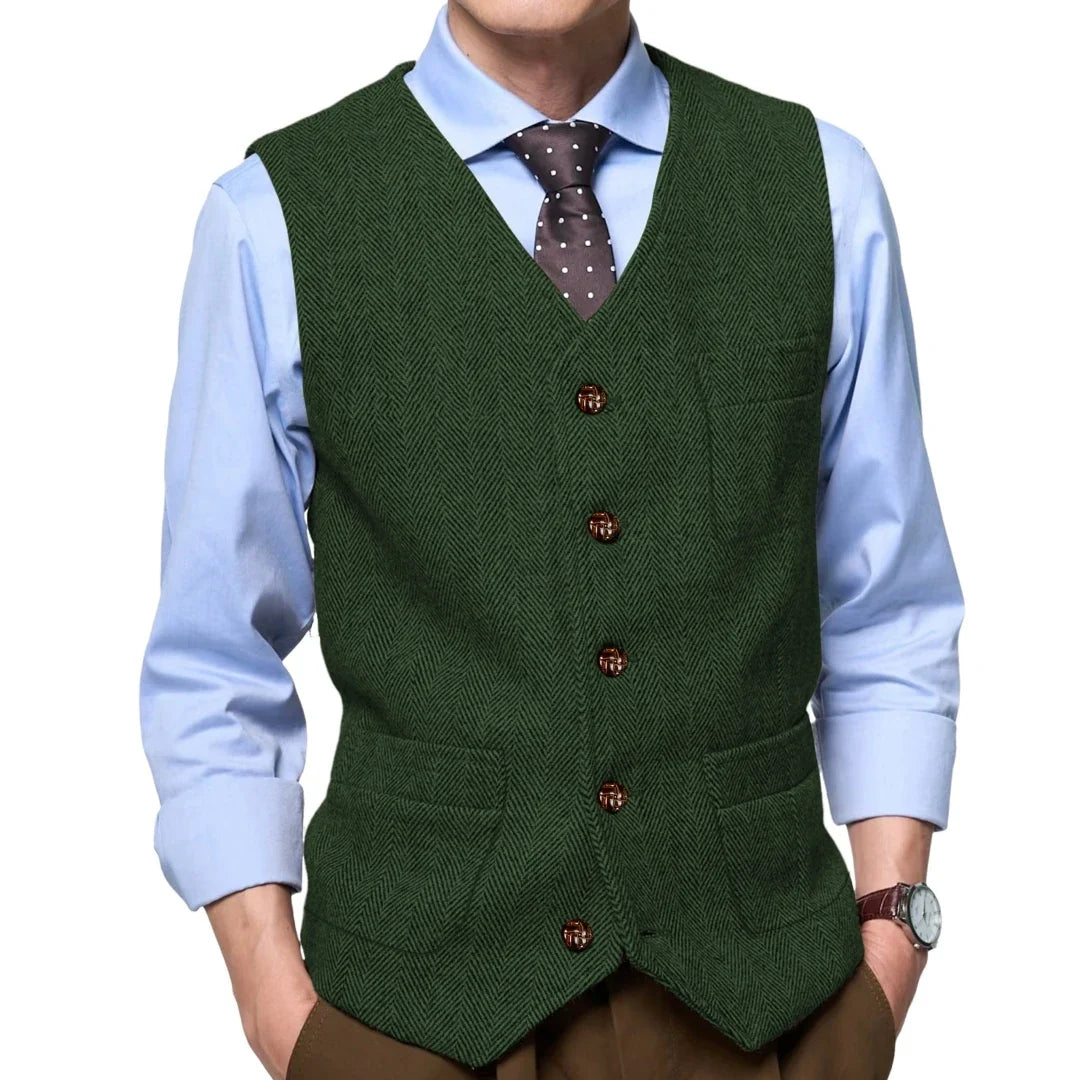 Men Vest Gray Herringbone Single Button With Pocket Waistcoat For Wedding Party Business Work Office Daily Casual Men Suit Vest