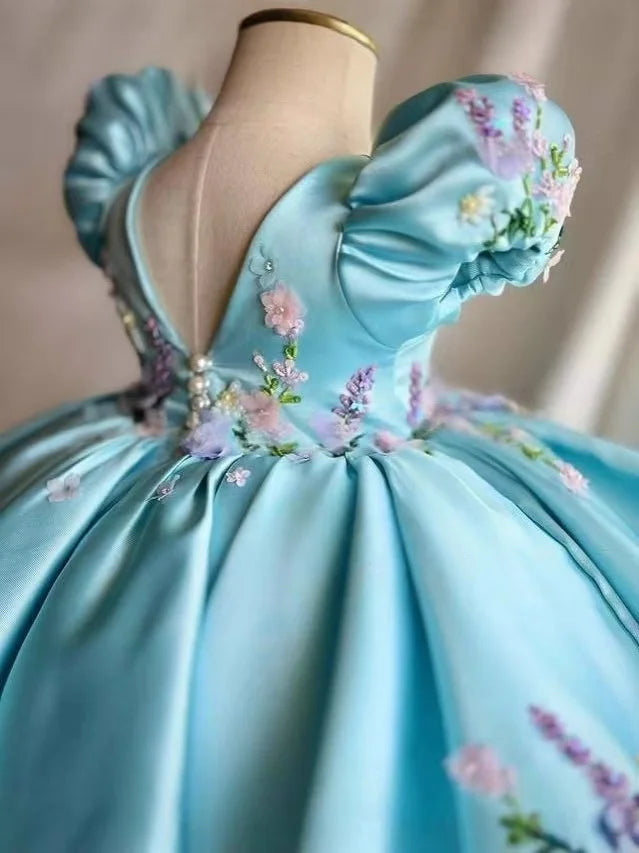 Flower Girl Dress Satin 3D Floral Butterfly Puff Sleeve Ball Gown Wedding Gown First Christmas Party Dress For Girlsفساتين