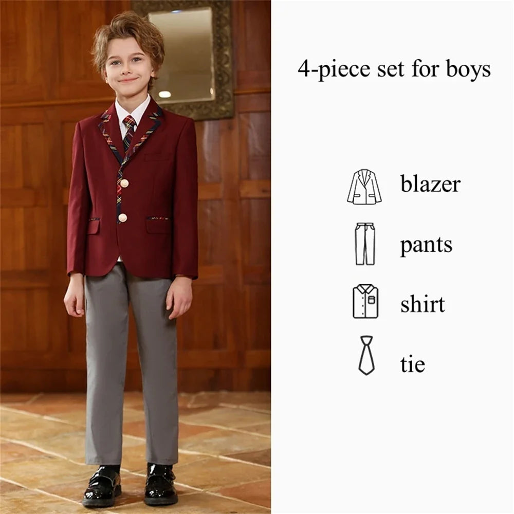 Burgundy Exquisite School Uniform 4 Pieces For Girls And Boys Daily Life Comfortable Kids Performance Suit Set On Sale