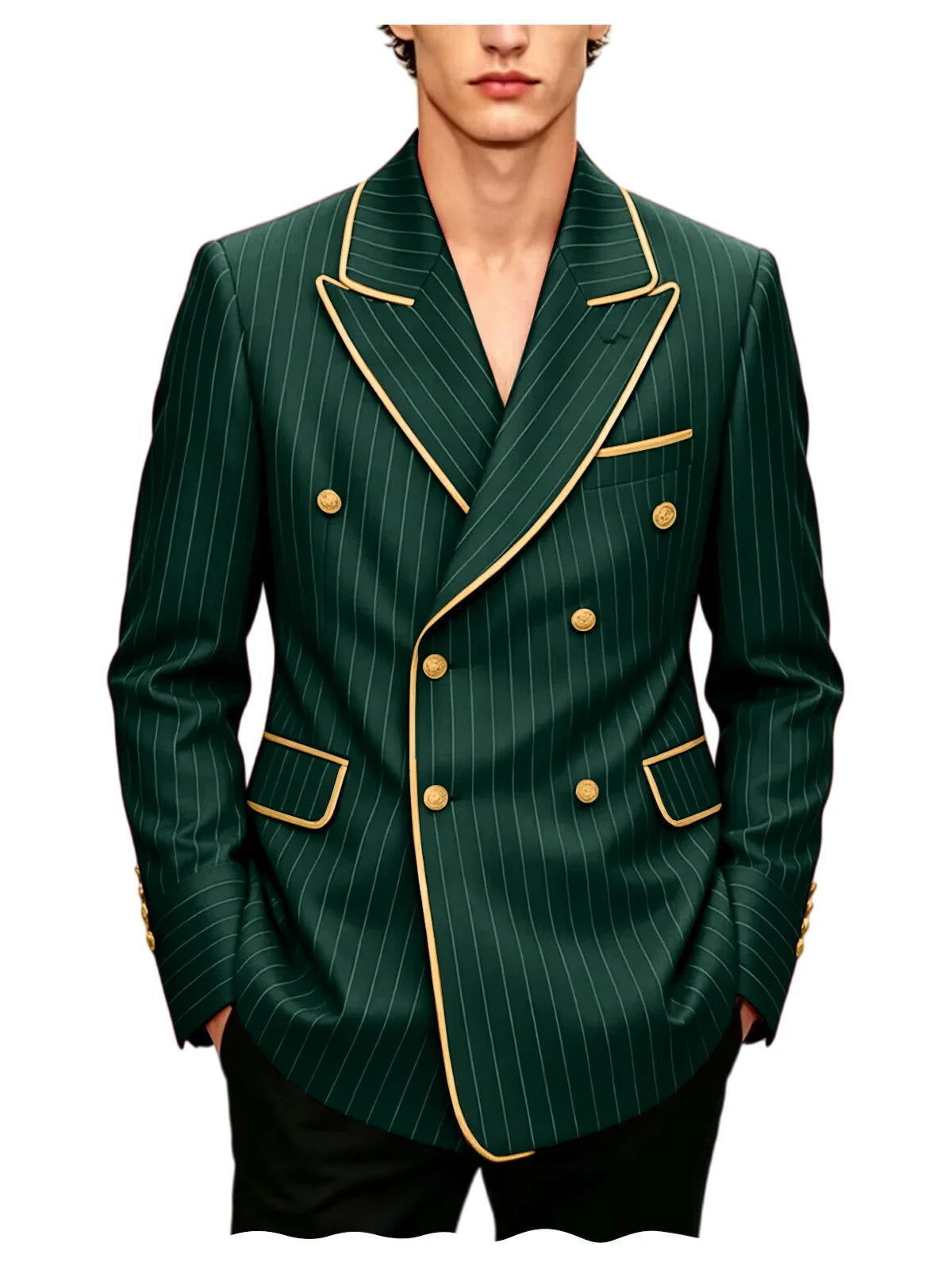 Luxury Men's Pinstripe Blazer Gold Trim Peak Lapel Formal Suit Breathable Lightweight Jacket for Business Party Wedding Coat