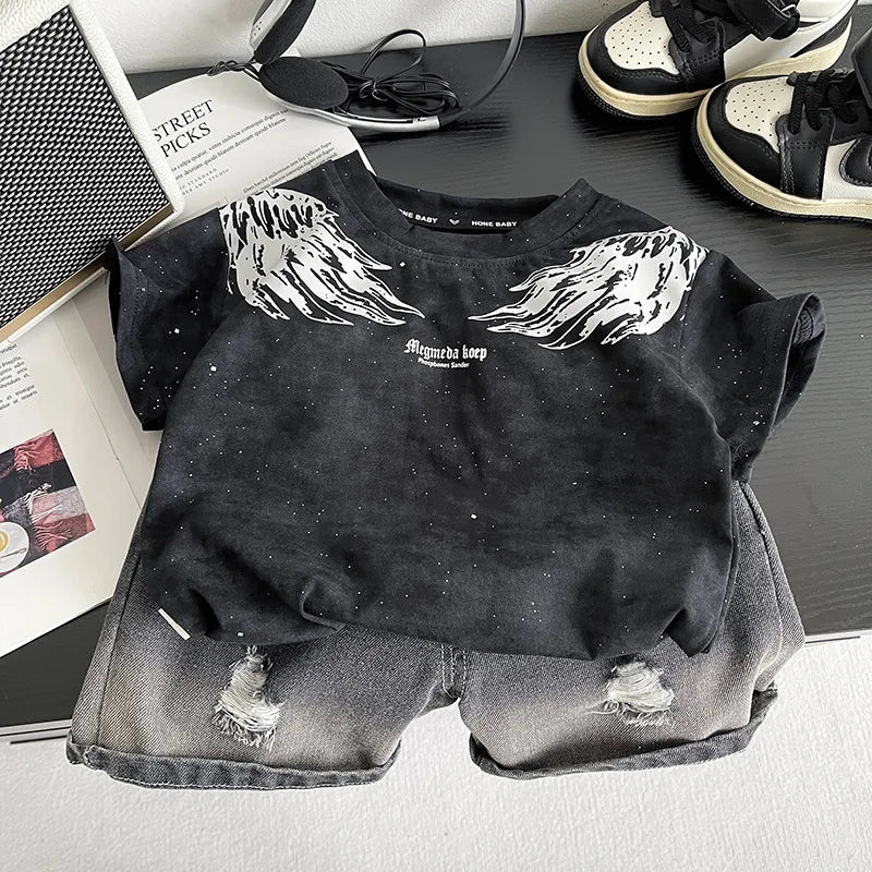 0-5Years New Baby Boy Fashion Cool Summer Clothes Suits Toddler Wings Printed T-shirt+Ripped Jeans 2pcs/sets Children Tracksuits
