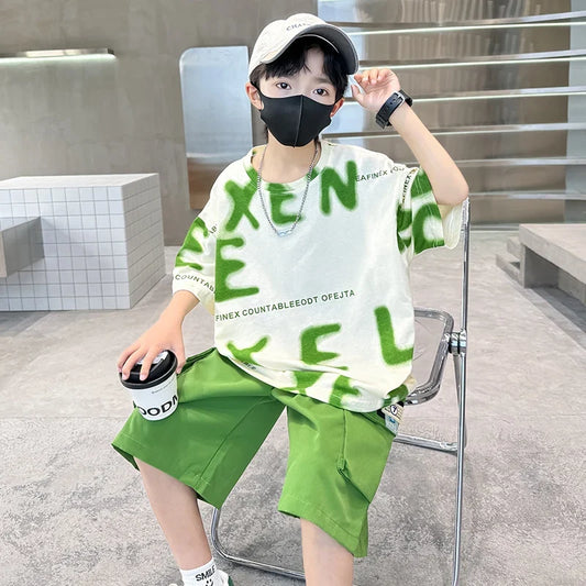 New Fashion Tween Boys Summer Sets Clothing Kids Cotton T-shirt Shorts 2 Pieces Tracksuit Age 5 6 7 8 9 10 11 12 13 14 Years Old