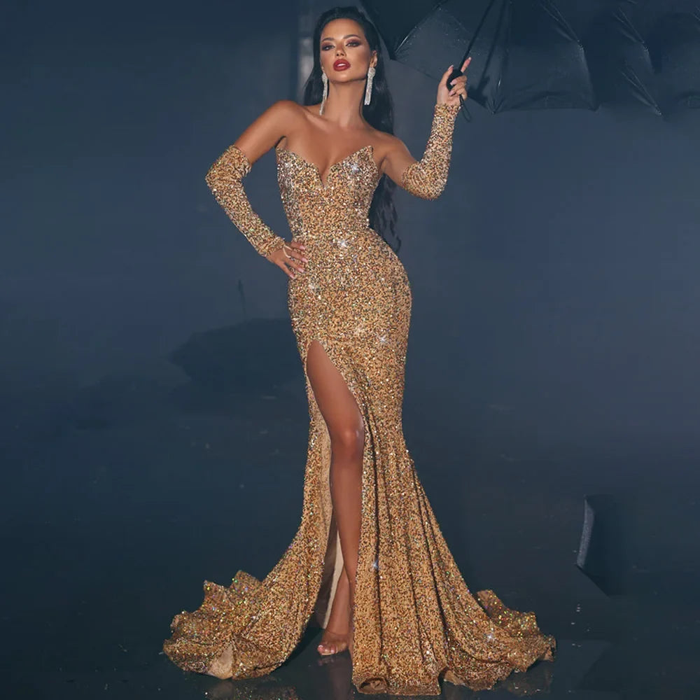 Customized Glitter Evening Dresses For Women Gold Sequined Mermaid Sexy Prom Gowns Long Side High Slit V Neck Trumpet Prom Dress
