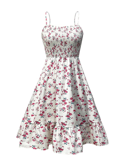 Women's Floral Print Shirred Spaghetti Strap Dress - Summer Boho Ruffle Sundress Casual Beach Maxi Dress