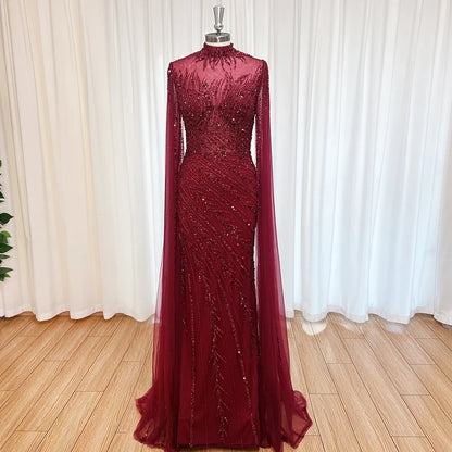 Luxury Beaded Evening Dress Cape Sleeve Dubai Sheer Neck Mermaid Formal Prom Wedding Party Gown Customized 2026
