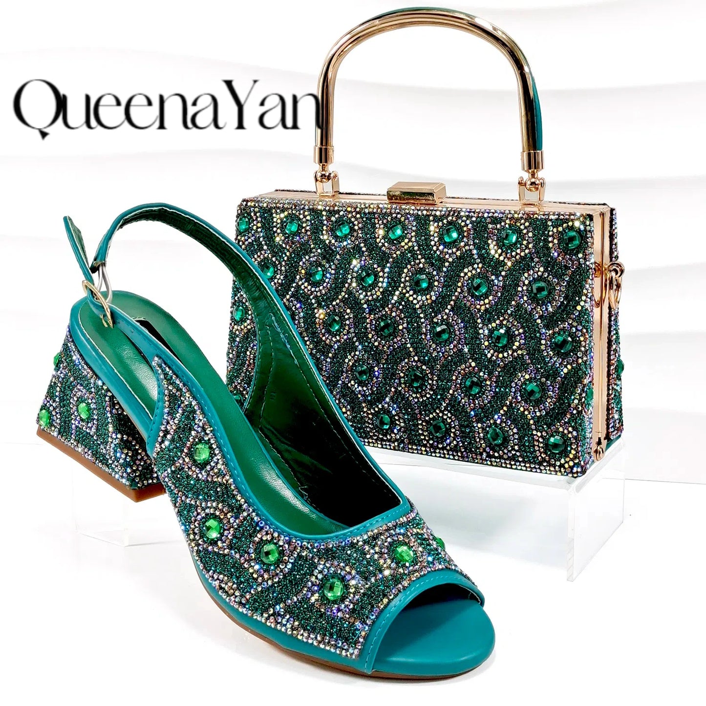 Square Heel Shoes! Hand-held Three-Dimensional Bag and Shoes Set From the Same Series/Open Toe Shoes and Evening Bag