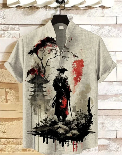 Men's Samurai Hawaiian Shirt Casual Short Sleeve Top Loose Clothing Fashion Retro Summer Shirt