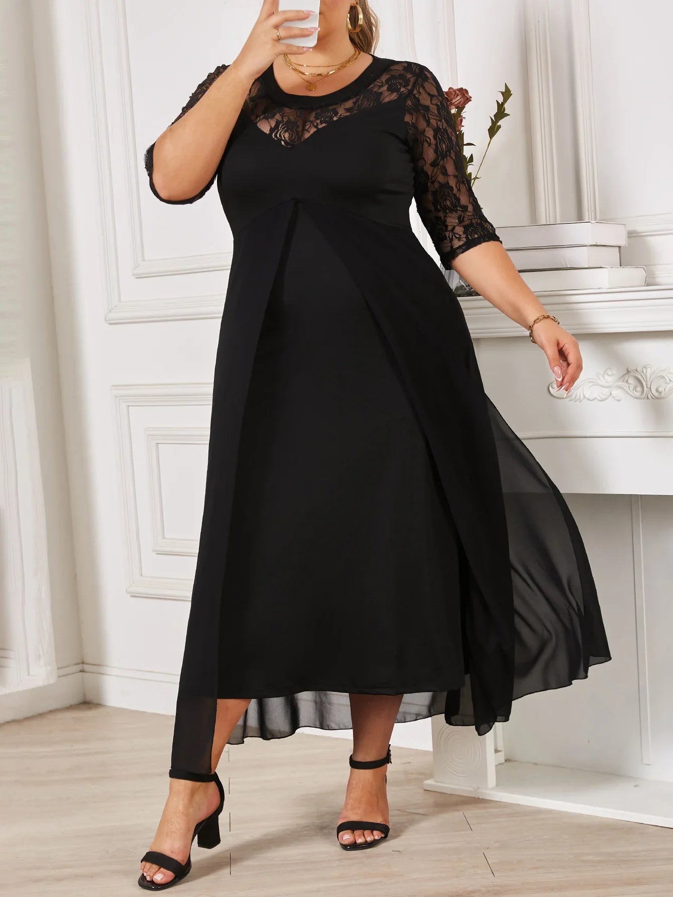 Summer Black Long Dress Female Lace Patchwork See Through Sexy Elegant and Pretty Women's Dresses Plus Size Women Clothing