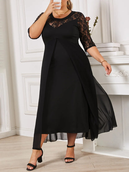 Summer Black Long Dress Female Lace Patchwork See Through Sexy Elegant and Pretty Women's Dresses Plus Size Women Clothing