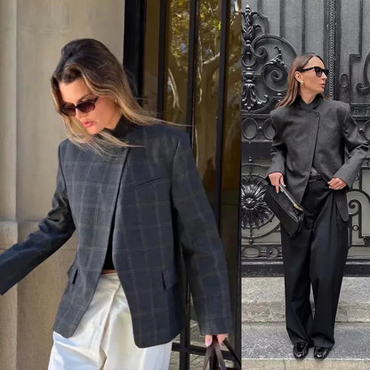 2026 Spring Female Coats Stand Collar Asymmetrical Pockets Gray Plaid Blazers Autumn Woman's Outerwear Clothing Vintage Street