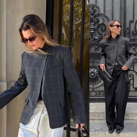 2026 Spring Female Coats Stand Collar Asymmetrical Pockets Gray Plaid Blazers Autumn Woman's Outerwear Clothing Vintage Street