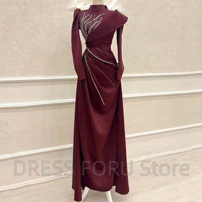 Elegant High Neck Muslim Evening Dress with Beaded Long Sleeve Pleat A-Line Floor Length Women Party Banquet Custom Zipper Gowns
