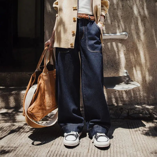 Women’s Loose Straight Leg Denim Jeans  Casual Pants with Paris Buckle Wide Leg Autumn Vintage Trousers