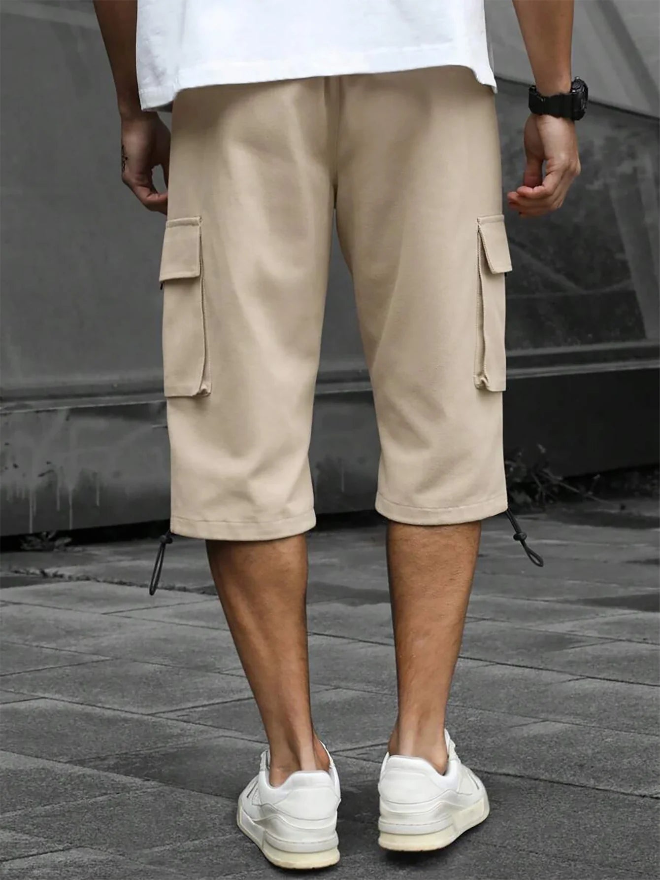 Men's 3/4-Length Cargo Shorts — Woven Twill Fabric, Multi-Pocket Casual Trousers. Non-Stretch Adult Apparel for Summer