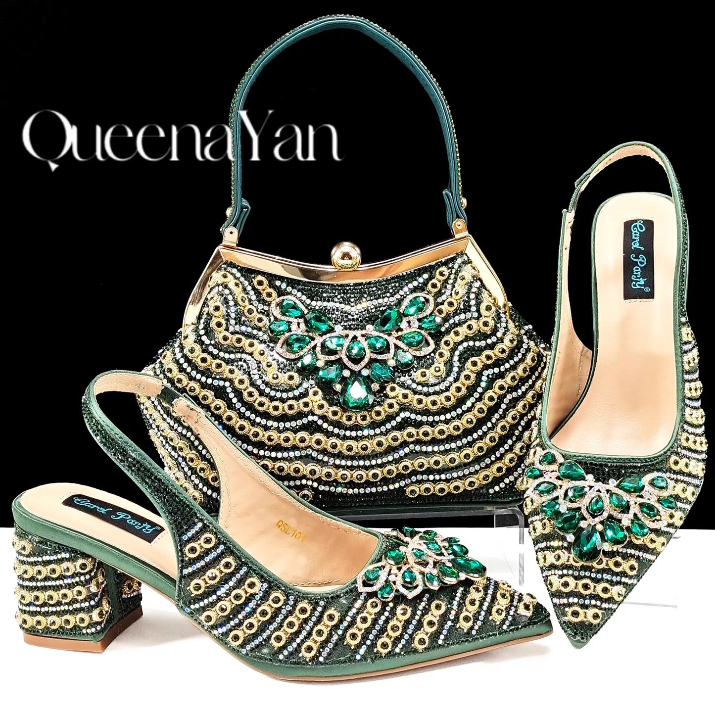 Dazzling Dreams: Full Rhinestone High Heels and Coordinated Bag for Timeless Style