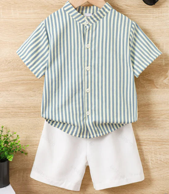 Young Boy Striped Stand Collar Short Sleeve Shirt And Shorts Set