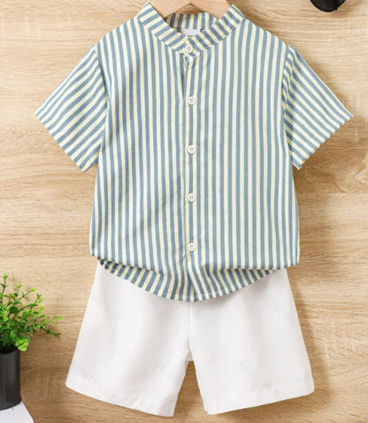 Young Boy Striped Stand Collar Short Sleeve Shirt And Shorts Set