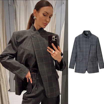 2026 Spring Female Coats Stand Collar Asymmetrical Pockets Gray Plaid Blazers Autumn Woman's Outerwear Clothing Vintage Street