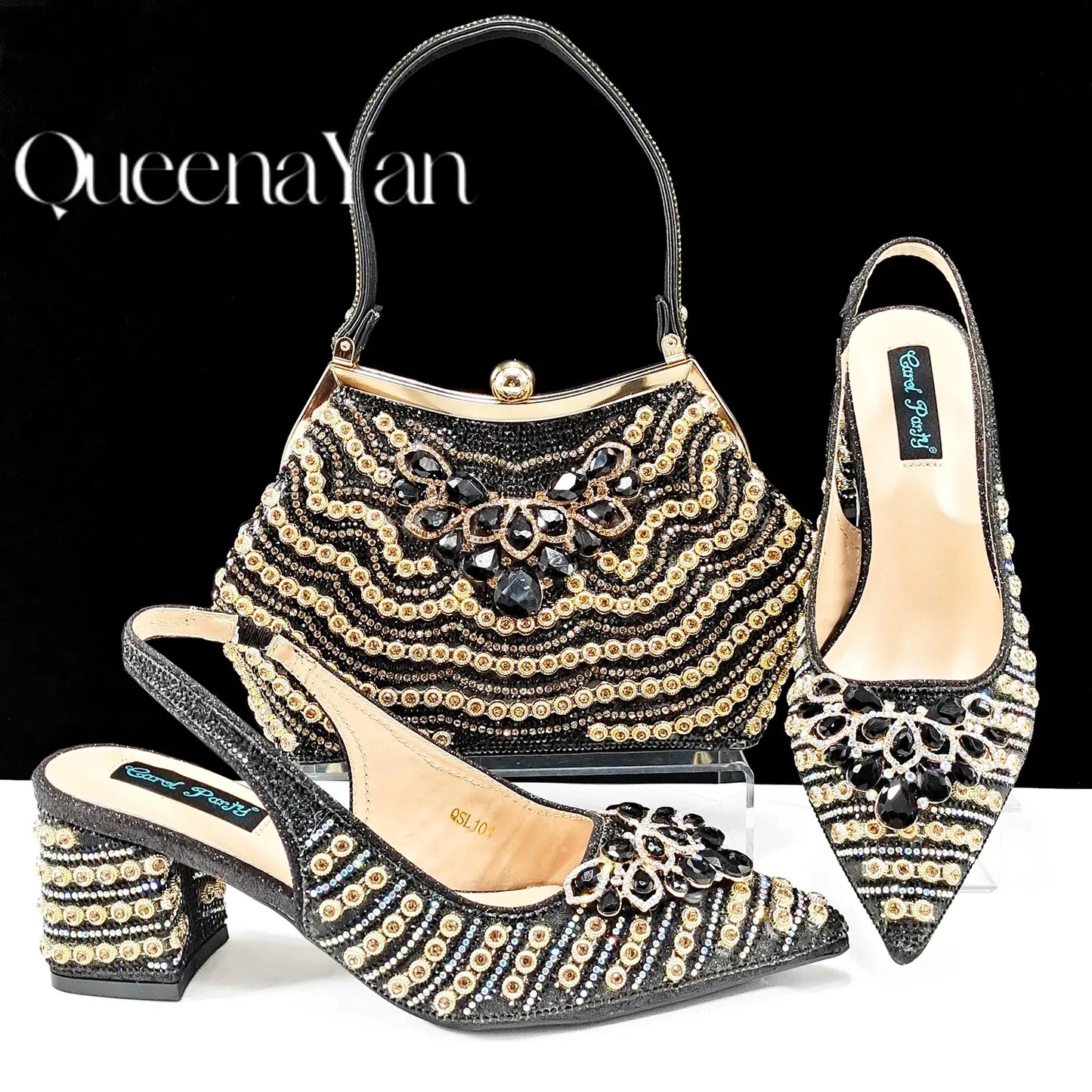 Dazzling Dreams: Full Rhinestone High Heels and Coordinated Bag for Timeless Style