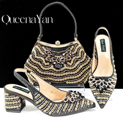 Dazzling Dreams: Full Rhinestone High Heels and Coordinated Bag for Timeless Style