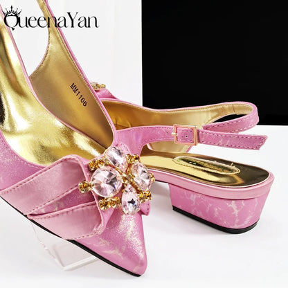 Elegant Pink Rhinestone Low-Heel Shoes & Handbag Set – Luxury Wedding & Party Accessories