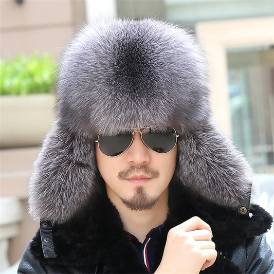 2024 Winter Hat Men Trapper Russian Sliver Fox Hat Ushanka Mens Hats Fashion Raccoon Fur Hats Caps Ski Hat Bomber Real Fur Hat