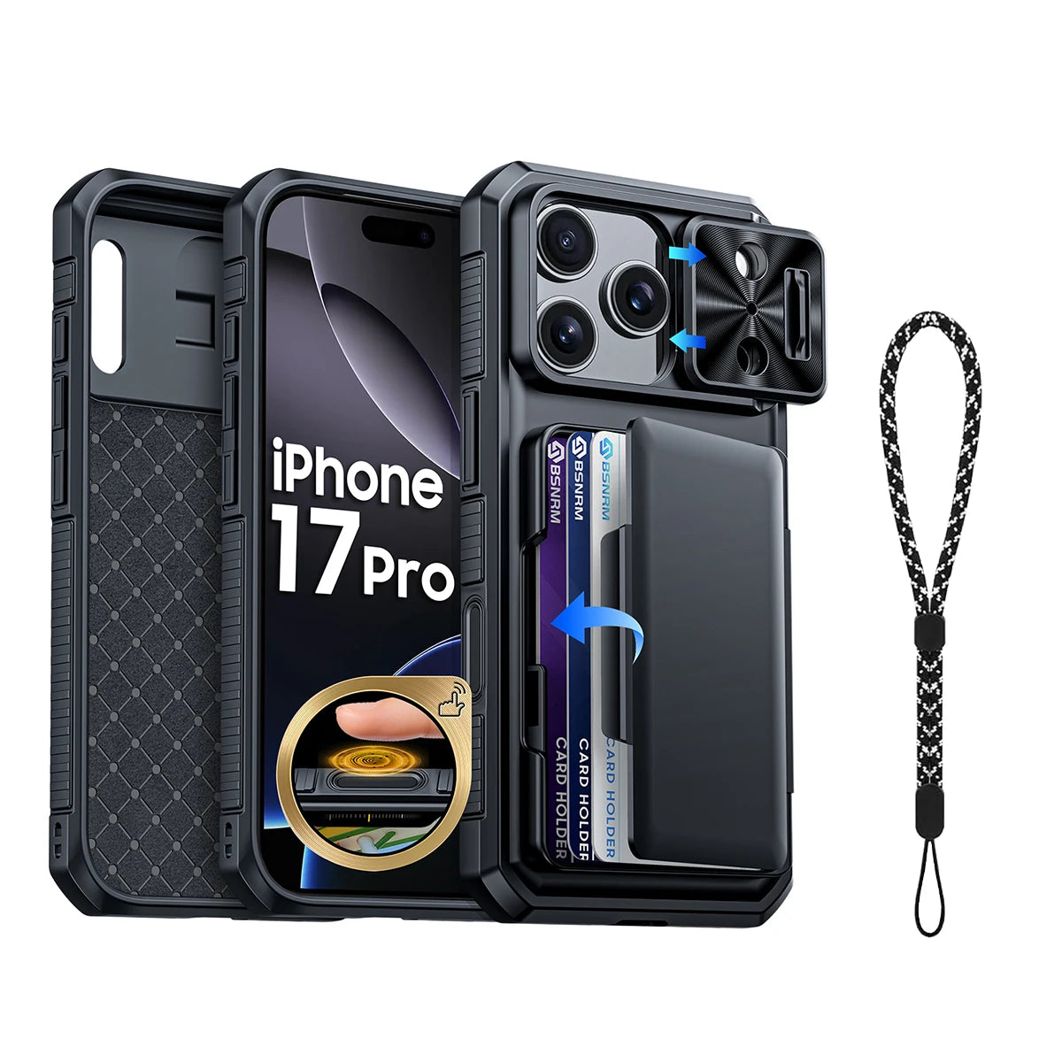 Halloween Gifts With Card Holder Sliding Camera Cover And Stand For iPhone 17 Pro Case,Anti-Fall PC+TPU Wallet Case-Black