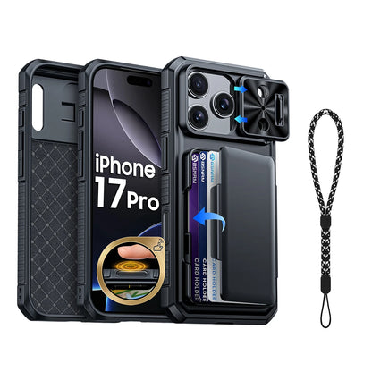 Halloween Gifts With Card Holder Sliding Camera Cover And Stand For iPhone 17 Pro Case,Anti-Fall PC+TPU Wallet Case-Black