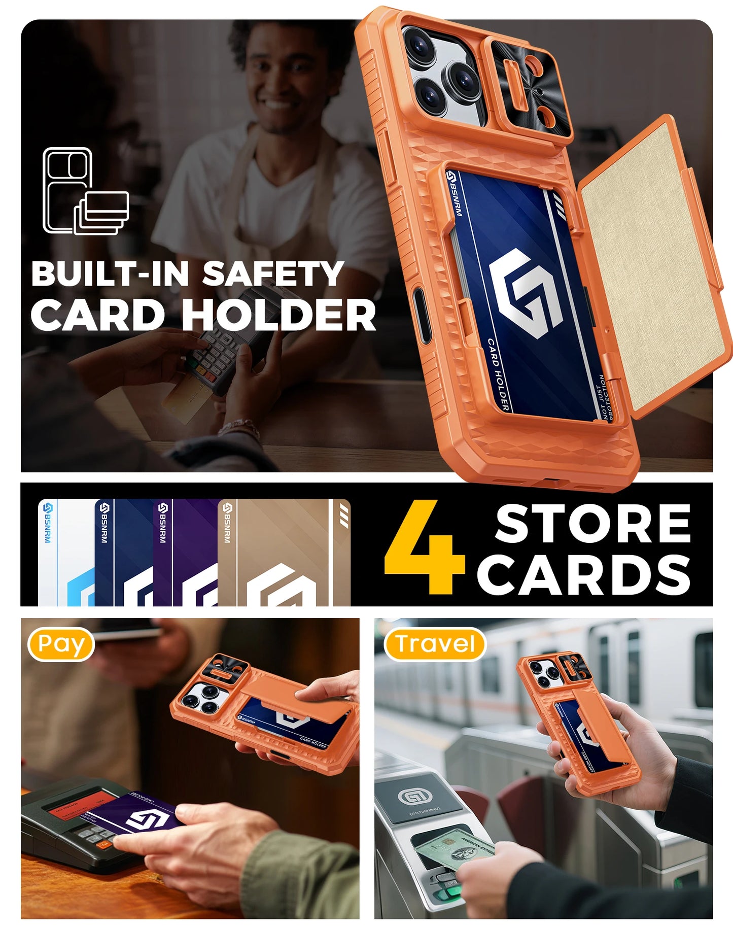 For iPhone 17 Pro Max Case,Wallet - Full Body Protective with Card Holder (4 Cards) Camera Cover & Kickstand-Orange