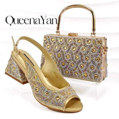 Square Heel Shoes! Hand-held Three-Dimensional Bag and Shoes Set From the Same Series/Open Toe Shoes and Evening Bag