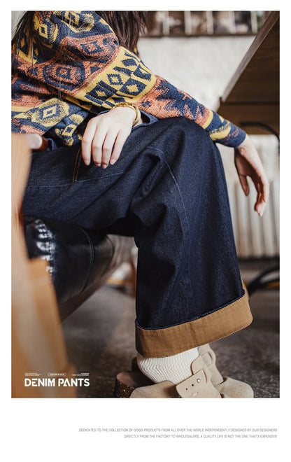 Women’s Loose Straight Leg Denim Jeans  Casual Pants with Paris Buckle Wide Leg Autumn Vintage Trousers