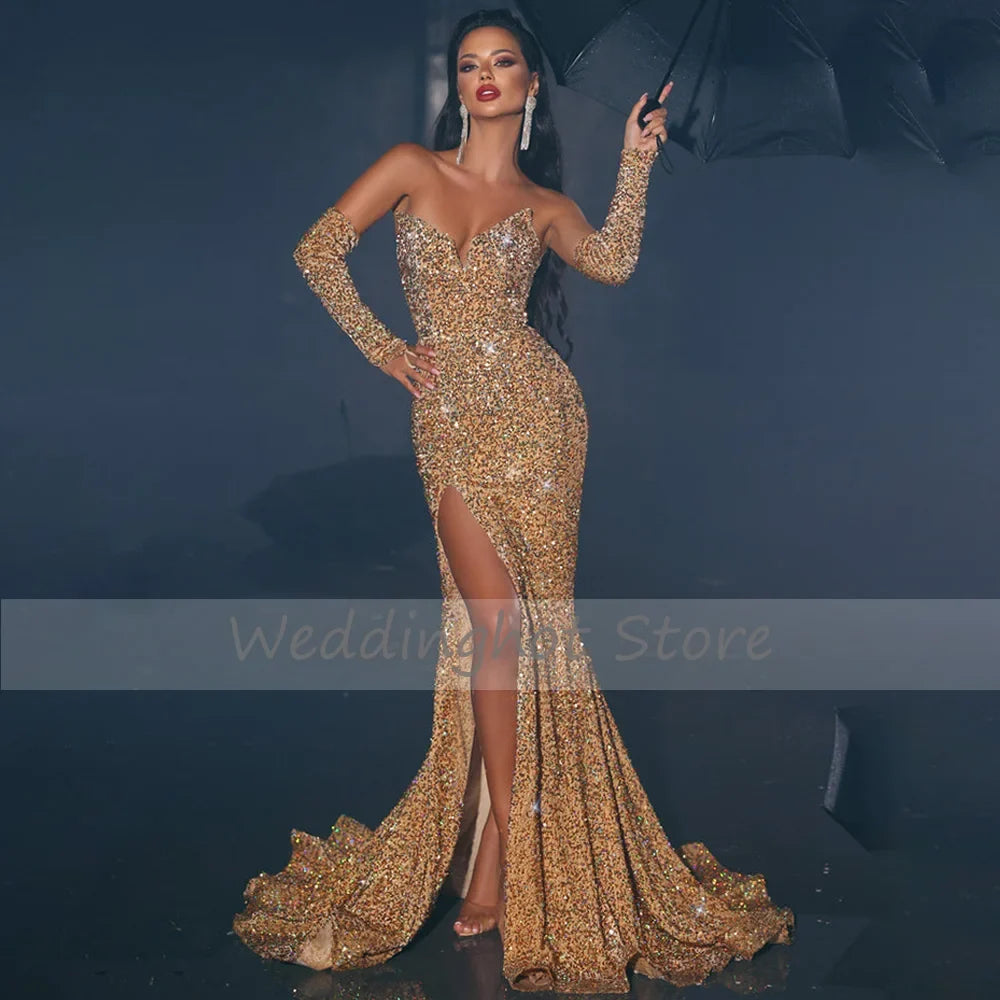 Customized Glitter Evening Dresses For Women Gold Sequined Mermaid Sexy Prom Gowns Long Side High Slit V Neck Trumpet Prom Dress