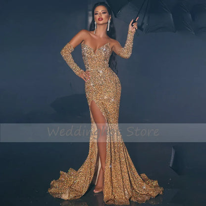 Customized Glitter Evening Dresses For Women Gold Sequined Mermaid Sexy Prom Gowns Long Side High Slit V Neck Trumpet Prom Dress
