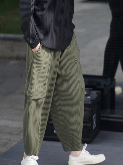Pleated Man Loose Cargo Pants Nine-point Pants Fashion Casual Streetwear Miyake Pants