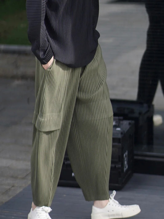 Pleated Man Loose Cargo Pants Nine-point Pants Fashion Casual Streetwear Miyake Pants