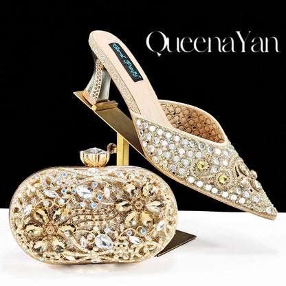Luxury Pink Rhinestone Party Shoes and Clutch for Women- Elegant Crystal Heels with Matching Evening Bag