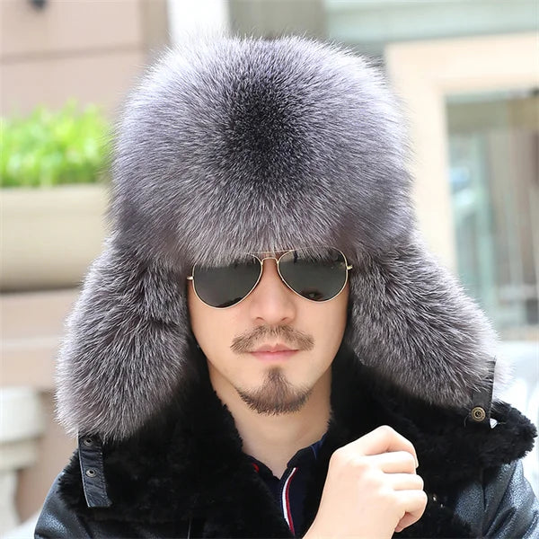 2024 Winter Hat Men Trapper Russian Sliver Fox Hat Ushanka Mens Hats Fashion Raccoon Fur Hats Caps Ski Hat Bomber Real Fur Hat