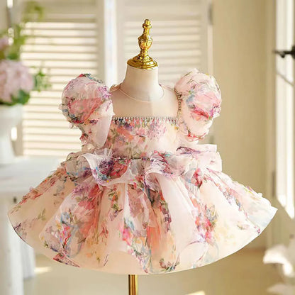 J410 Lovely Floral Pink Girl Dress Puff Sleeves for Kids Princess Holiday Birthday Party Ball Gown