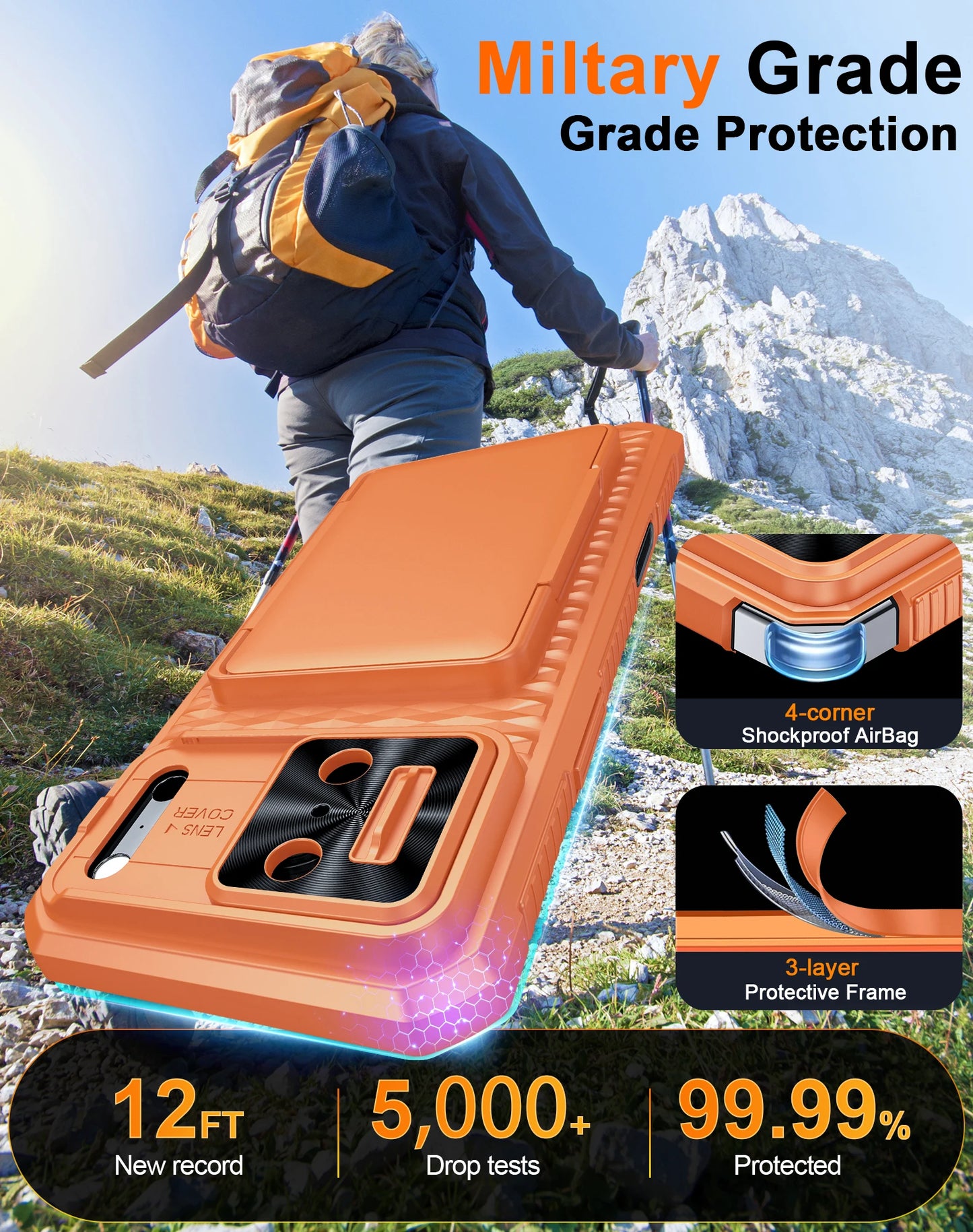 With Card Holder Sliding Camera Cover And Stand For iPhone 17 Pro/17 Pro Max Phone Case, Anti-Fall PC+TPU Wallet Case-Orange