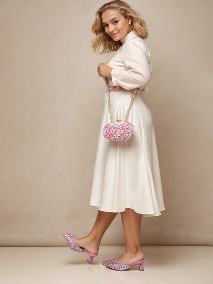 Luxury Pink Rhinestone Party Shoes and Clutch for Women- Elegant Crystal Heels with Matching Evening Bag