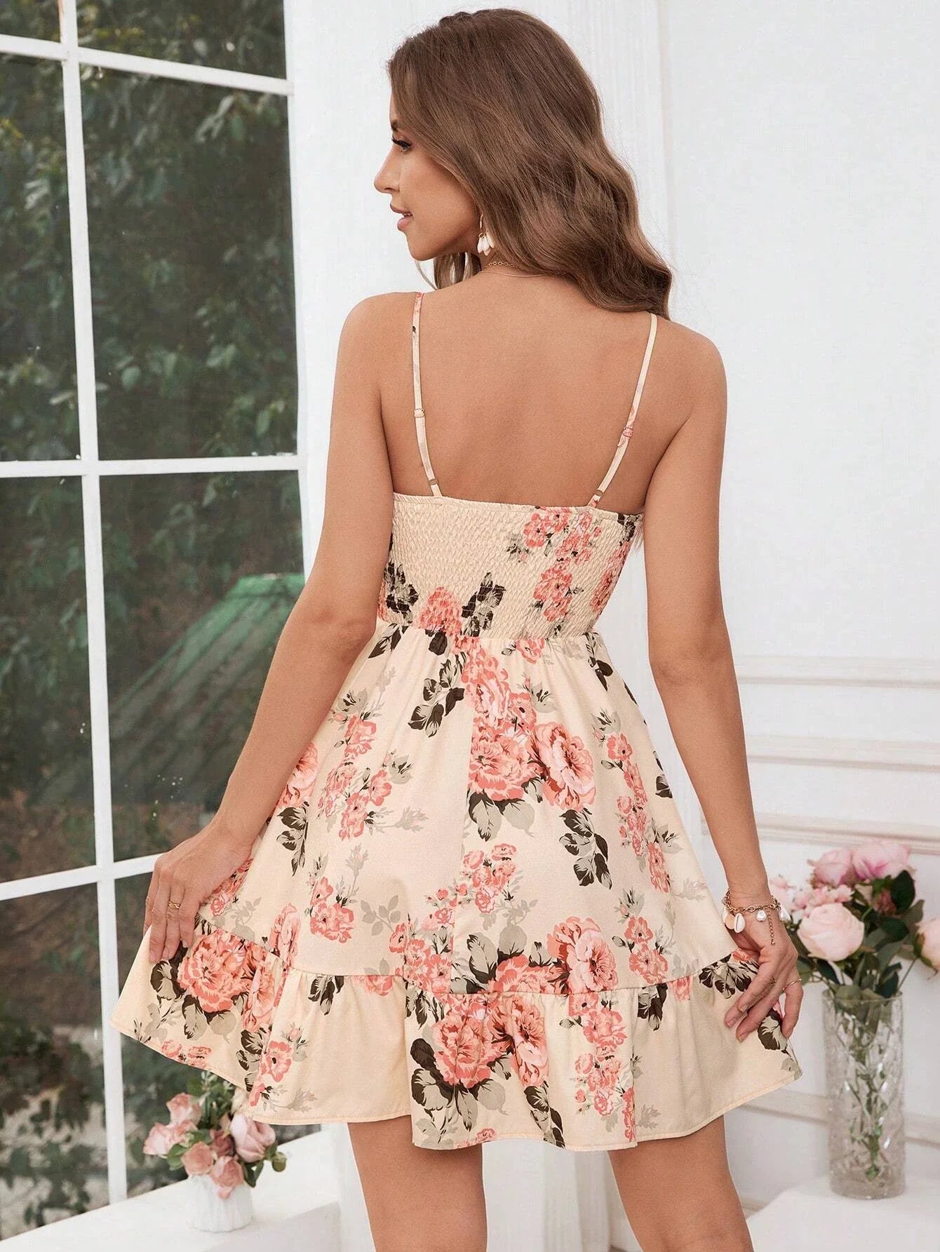 Women's Floral Print Shirred Spaghetti Strap Dress - Summer Boho Ruffle Sundress Casual Beach Maxi Dress
