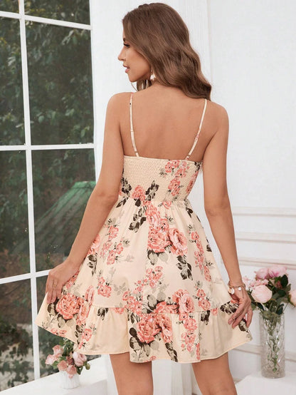 Women's Floral Print Shirred Spaghetti Strap Dress - Summer Boho Ruffle Sundress Casual Beach Maxi Dress