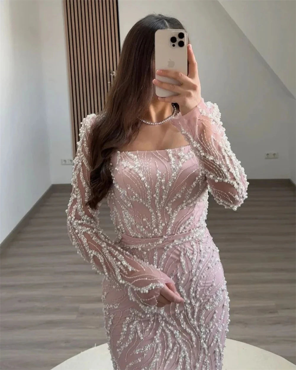 Dubai Beading Pearls Wedding Dress Square Collar Long Sleeves vestidos de noche Rear Forks فساتين سهرة Customized 2025