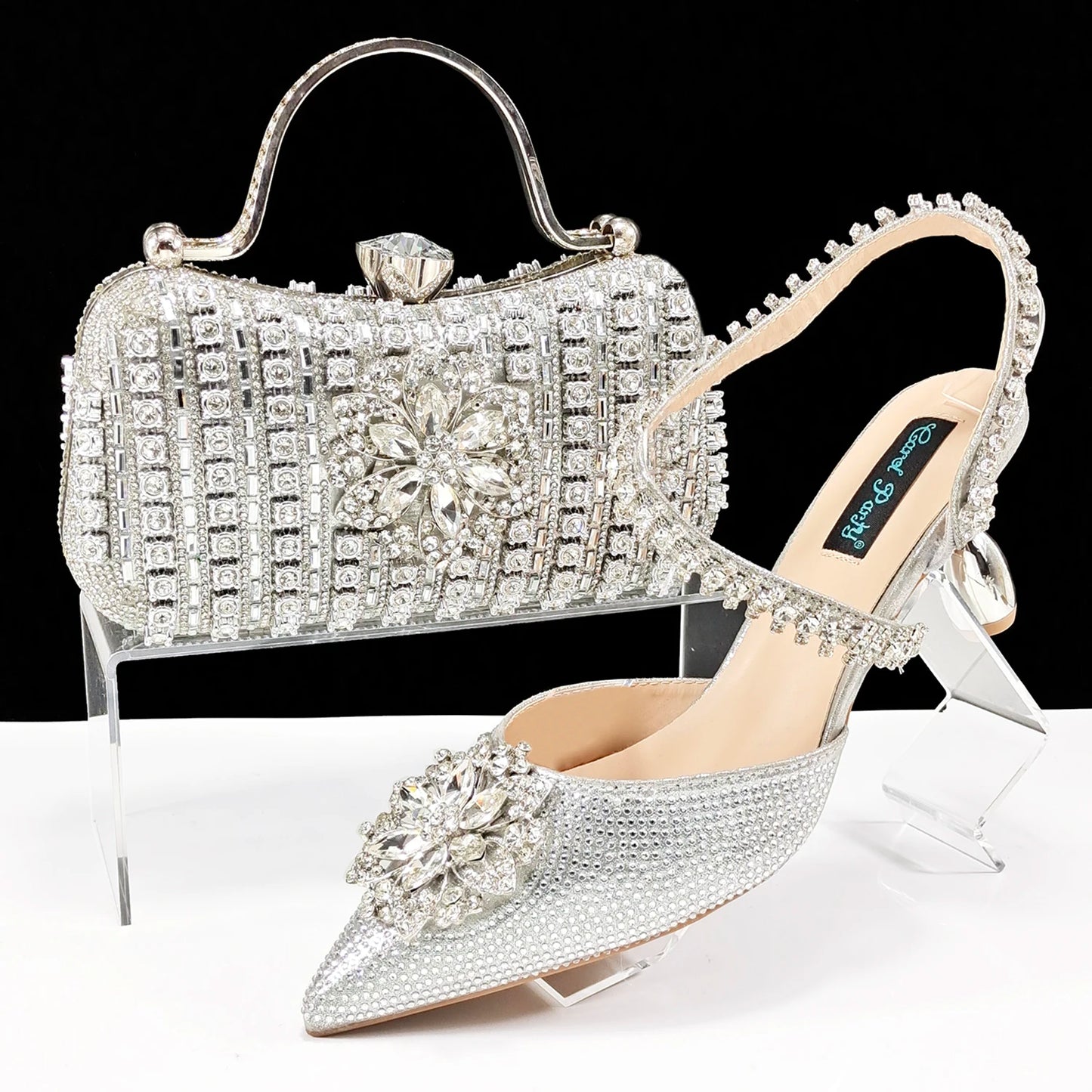 2024 Party Perfection: Rhinestone-Embellished Heels and Gold Mini Bag for Elegant Nights